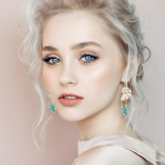 Dangle Gold Starfish Seahorse Shell Starfish with Pearl Turquoise Earrings - Picture 5 of 5